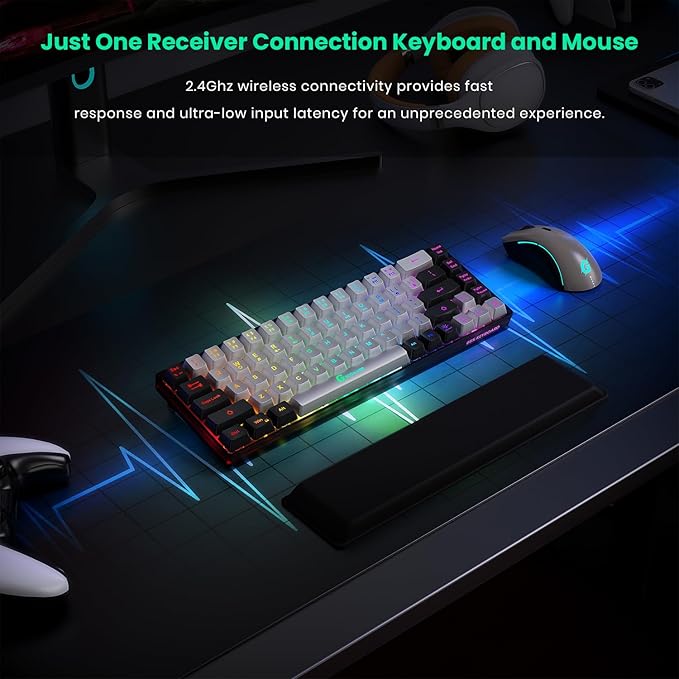 Wireless Gaming Keyboard and Mouse and Cooling Gel Wrist Rest, 68 Keys Compact Anti-ghosting No-Conflict Rechargeable Backlit Keyboard, 6D 3200DPI Mice, Cooling Gel Wrist Rest
