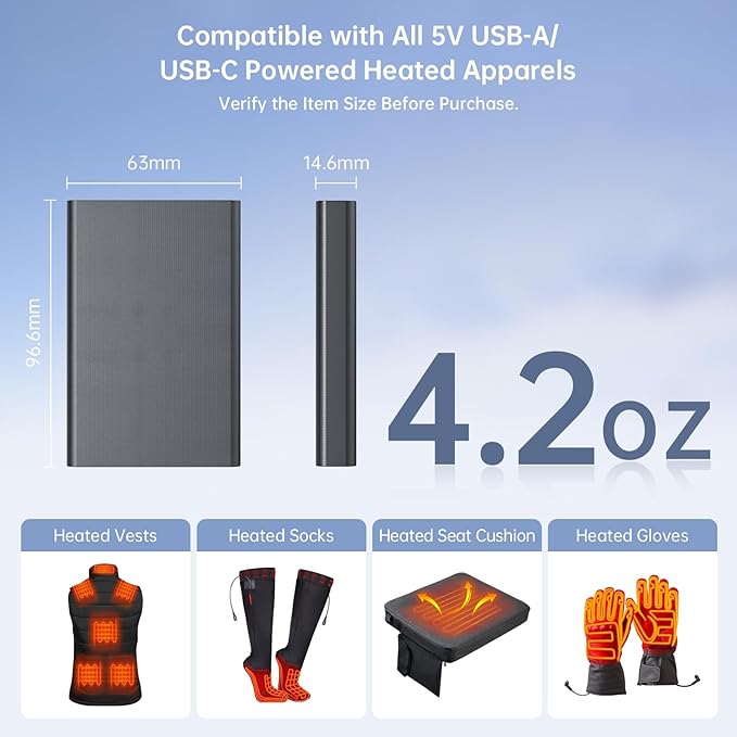 2PCS Heated Socks/Scarf Battery Pack 5000mAh– USB-C & USB-A 2 Outputs Small 5V 2A Power Bank for Electric Heating Scarves (MuroMucci/NABEKE/Genovega) Socks (Crbsuk, VICEPLUS, AQveriG, WASOTO)/Vests