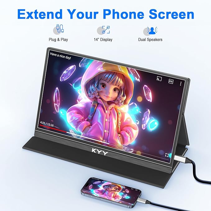 KYY Portable Monitor for Laptop, 14" FHD 1080P Travel Monitor, USB-C & HDMI Computer Gaming Screen with VESA Mount & Smart Cover, Dual Speakers, for Mac PC Phone Xbox PS5 Switch