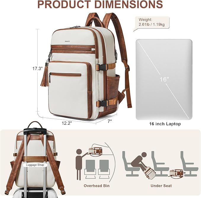 Shrrie Laptop Backpack for Women,Vegan Leather Backpack Work Computer Backpacks fits 16" Laptop,Water Resistant Teacher Nurse Casual Daypack for Weekender Camping Travel,Beige with Brown