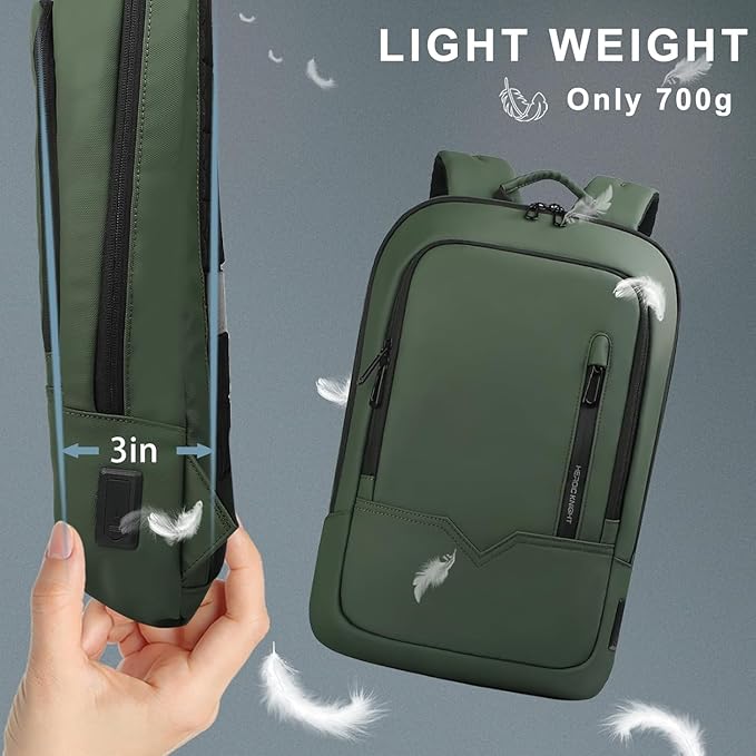 hk Backpack for Men Business Slim Backpack with USB Charger Computer Lightweight Anti-theft Travel (Green, 17.3 Inch)