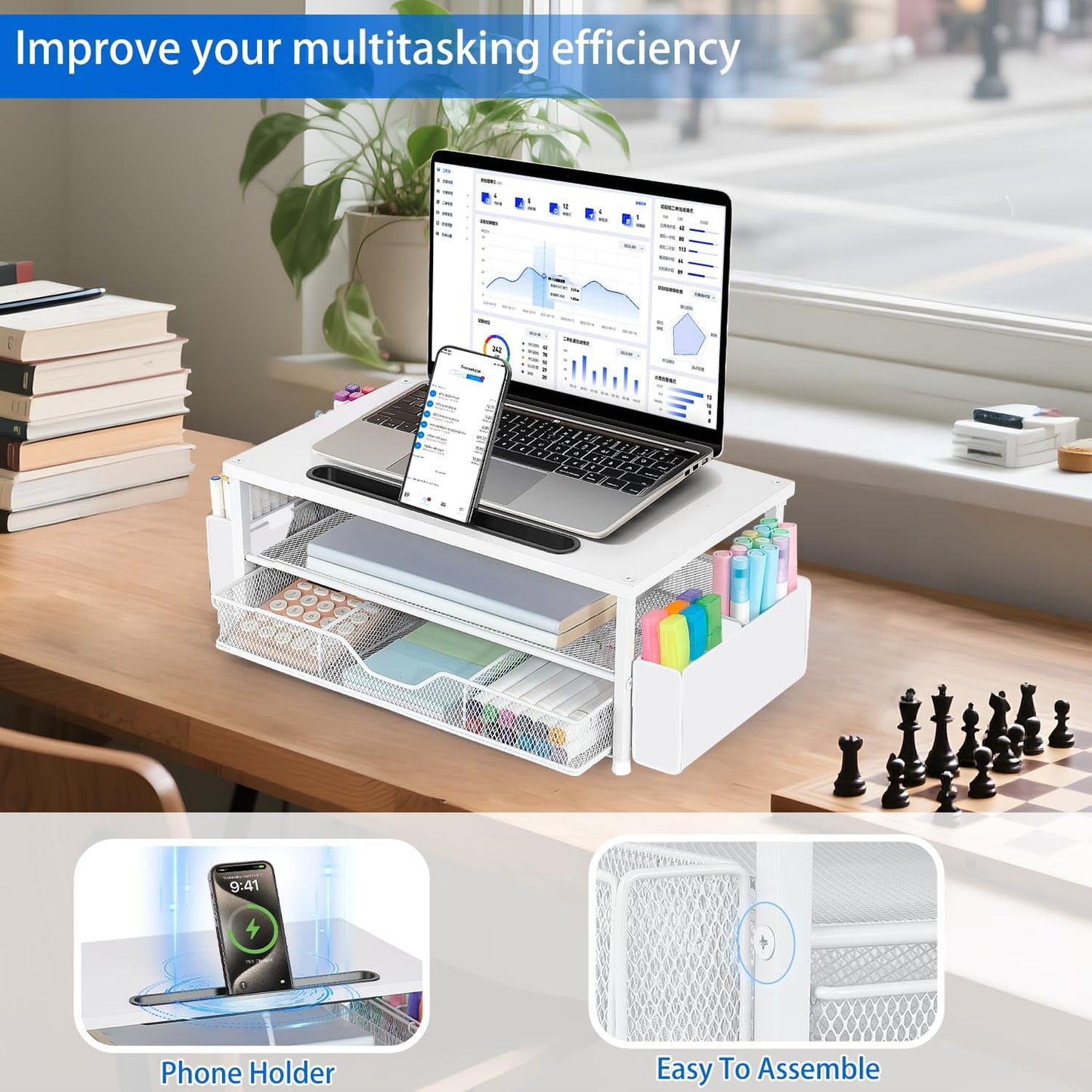 AUPSEN White Monitor Stand Riser, 2-Tier Wood Computer Desk Organizer with Drawer, Pen Storage & Phone Holder, Office Desk Accessories Desktop Organizer for Office Supplies