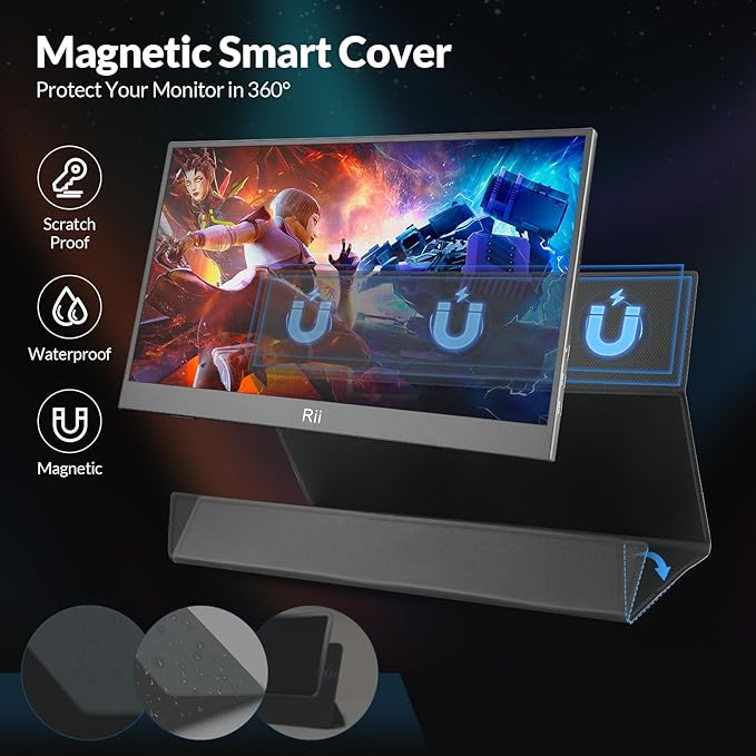 Rii Portable Monitor, 15.6” 1080P FHD USB-C HDMI, Ultra-Slim IPS HDR Display with Cover and Built-in Speaker, Travel Monitor for Laptop/PC/Phone/Mac/Xbox/Switch/PS4/PS5, VESA Mountable