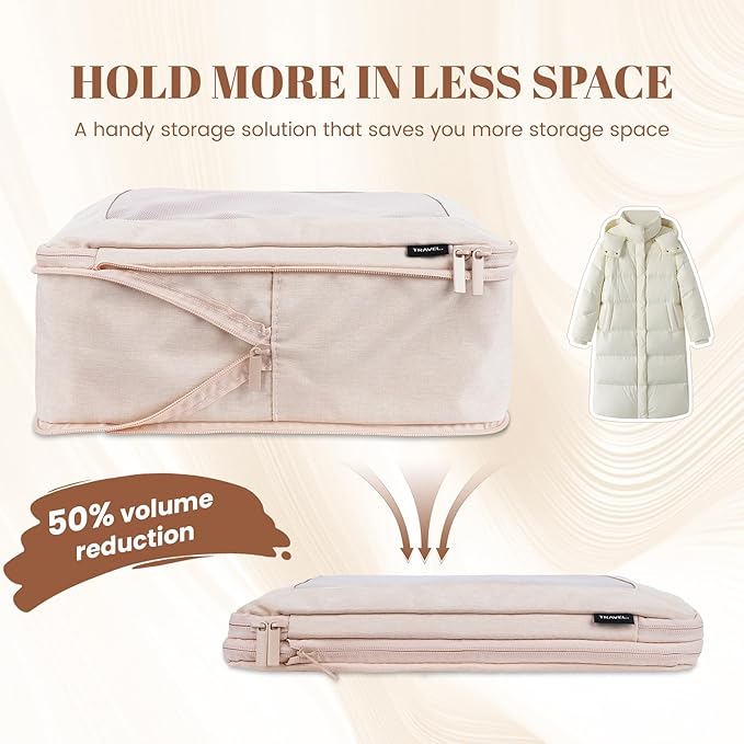 4-Set Compression Packing Cubes for Travel, Recycled Cotton Luggage Organizers, Space-Saving Suitcase Organizers, with Mesh, Travel Essentials(Beige)