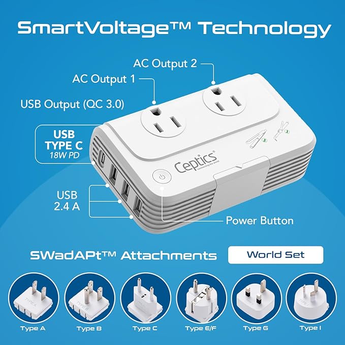 Ceptics Travel Voltage Converter -200W Convert 220V to 110V for Curling Iron, Straightener, Charger Step Down World Power Plug - 4 USB PD 18W Fast Charging - SWadApt - Type A, B, C, E/F, G, I Include