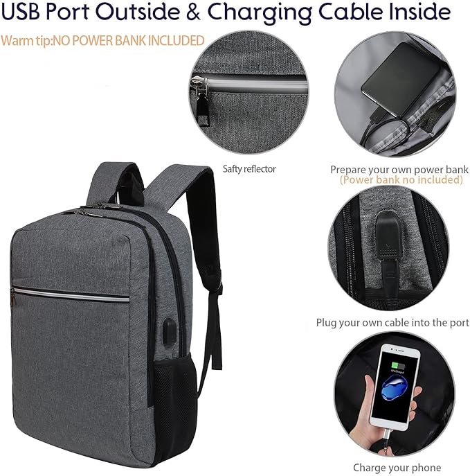 Laptop Backpack for Men Women, Travel Business Backpack with USB Charging Port and Anti Theft Pocket, Fits 17 Inch Laptop,Grey