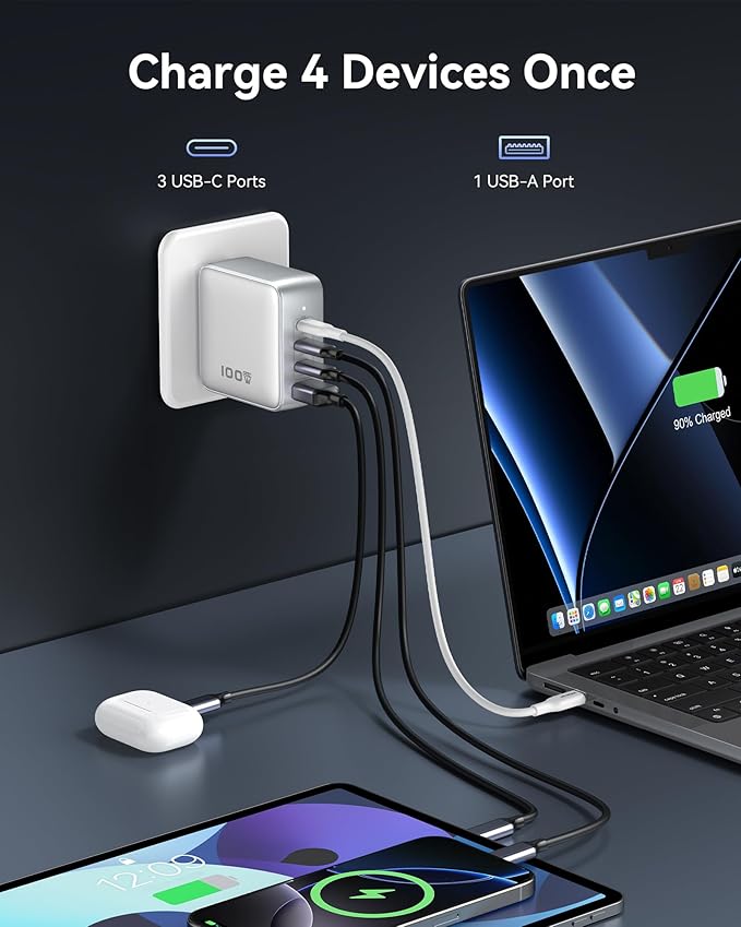 GaN USB C Charger 100W, 4 Port PD3.1 Laptop Charger Block Foldable Compact PPS Fast Power Adapter for MacBook Pro/Air, iPad Pro, iPhone 17/16 Series, Galaxy S25/S24, Pixel 10/9, Steam Deck, and More