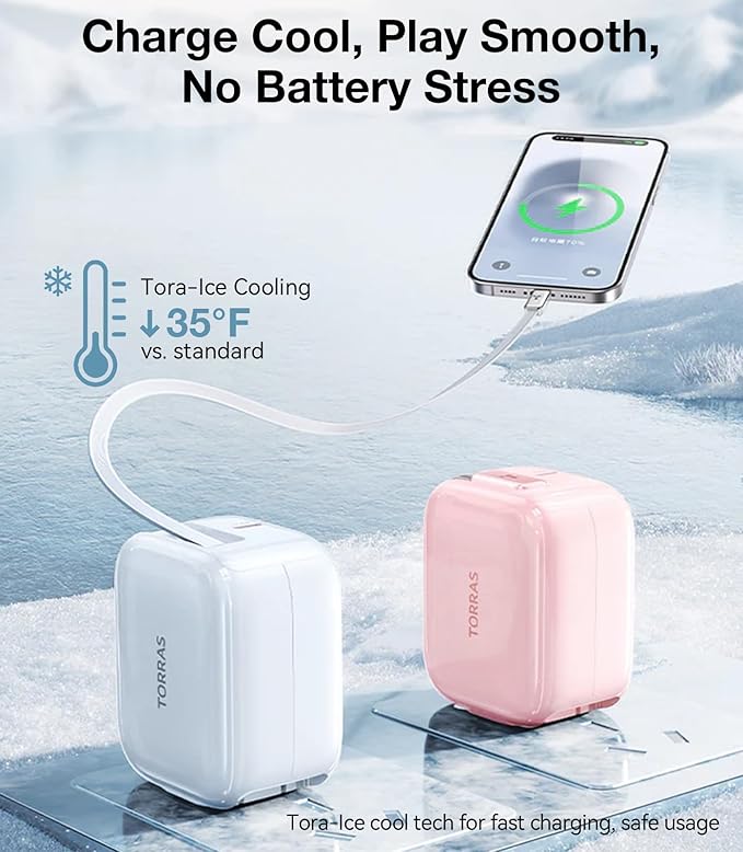 TORRAS FlexLine 40W for iPhone 17 Charger, Fast Charging Retractable USB C Charger Block with Cable, Dual-Port GaN Ⅲ Type C Adapter for iPhone 16 Pro Max/iPhone 16/iPhone 15 with Foldable Plug