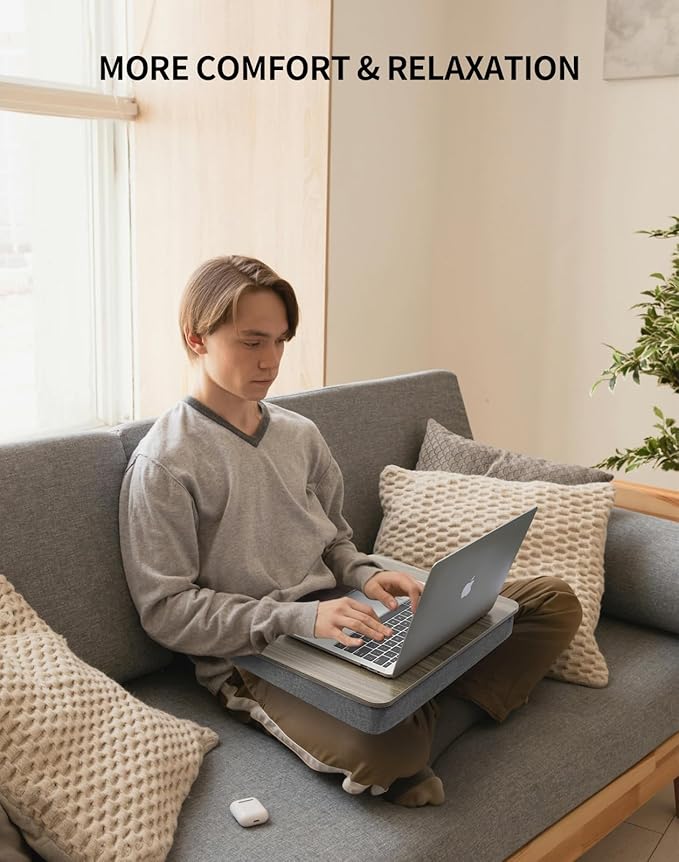 Lap Desk with Pillow Cushion, Portable Laptop Bed Desk, Fits up to 15.6 inch Laptop, Lap Stand for Bed & Couch & Carpet, Book Tablet/Drawing Board/Stand - Black Wood