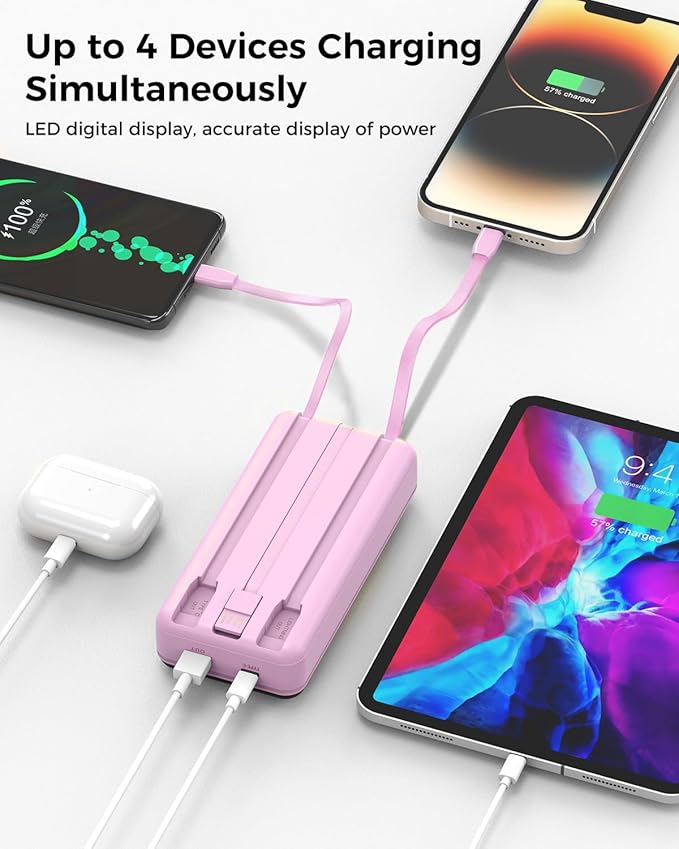 Portable Charger 40000mAh Power Bank Built-in Cable Battery Pack, PD 22.5W Fast Charging Portable Phone Charger 4 Output 3 Input, Compatible with iPhone 16 15 14 13 Samsung Google iPad (Pink)