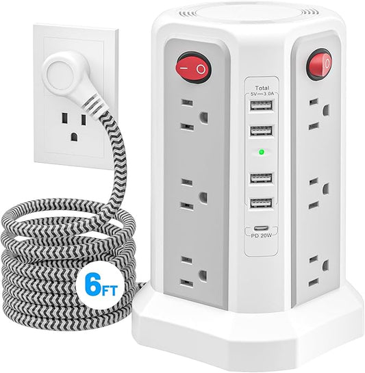 Power Strip Tower Surge Protector with PD20W USB C, 6FT Desktop Extension Cord Charging Station with 12 AC Multiple Outlets 5 USB Ports, Charger Tower Multiple Protections for Home Office Supplies
