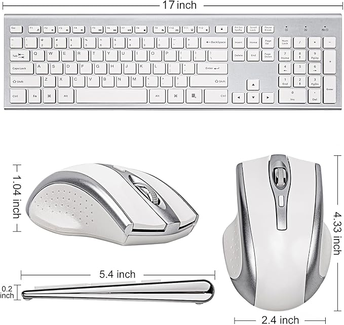 Wireless Keyboard and Mouse Combo USB 2.4G Wireless Keyboard Compatible Windows Desktop Laptop Office Business Silver White