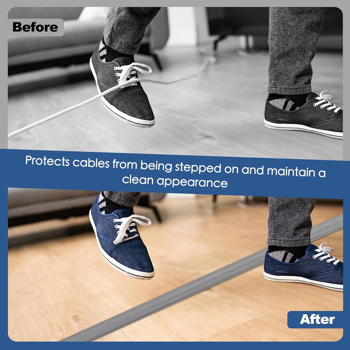 Floor Cord Cover for Wires on Floor Self Adhesive Cord Hider Floor Cable Management Wire Covers for Cords Protector Prevent Cable Trips Cord Cavity W 0.32" x H 0.32", Gray Wood, 20Ft