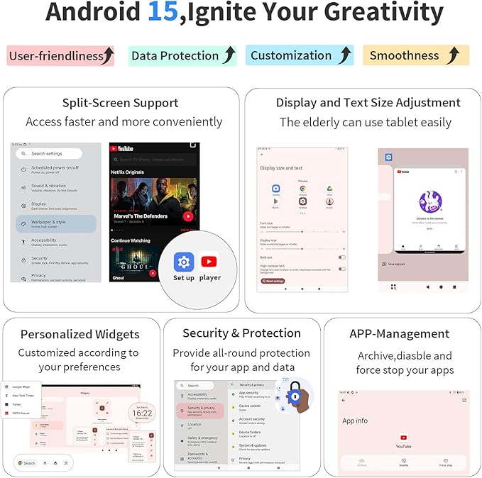 Android 15 Tablet with Keyboard - 10 inch Tablet, 16GB+128GB, 1TB Expand, Octa-Core, 2.4G/5G WiFi, 8000mAh, BT V5.0, GMS Certified, Widevine L1, Split-Screen, with Case, Mouse, Stylus(Black)