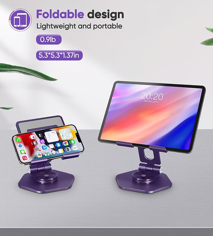 Foldable Aluminum Tablet Stand for Desk, 360° Swivel iPad & Tablet Holder – Portable & Stable Desktop Mount for 5–12.9in Devices, Purple