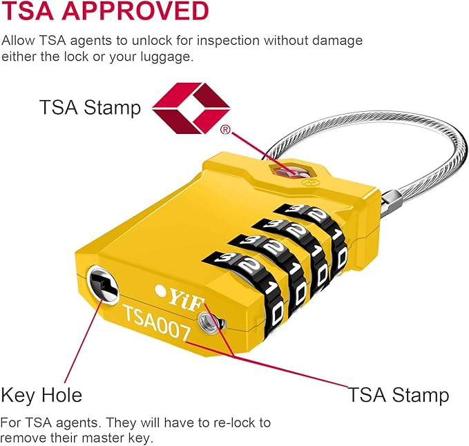 ZHEGE TSA Approved Cable Locks Flexible, Travel Lock Zipper Bag, 4 Digit Luggage Combination Lock with Open Alert Indicator for Suitcase, Backpack, Baggage (1 Pack, Yellow)