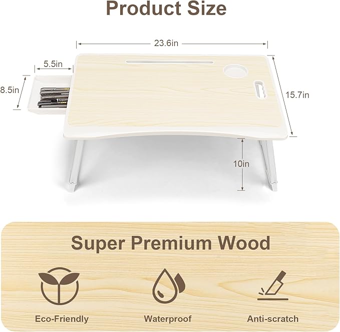 Amaredom Laptop Bed Desk Tray Bed Table, Foldable Portable Lap Desk Notebook Stand Reading Holder with Storage Drawer and Cup Holder for Eating Breakfast on Bed/Couch/Sofa-White Maple