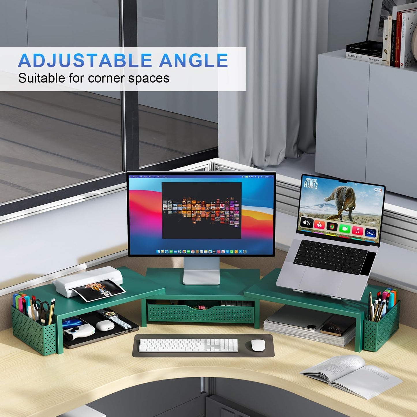 gianotter Dual Monitor Stand Riser, Desk Organizer With Drawer and 2 Pen Holders, Monitor Stand for Desk, Office Decor Essentials (Green)