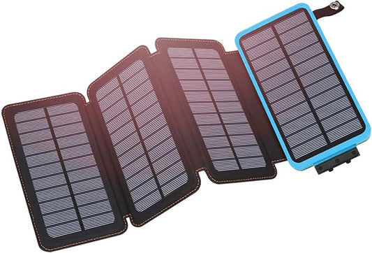 Hiluckey Solar Charger 25000mAh, Outdoor USB C Portable Power Bank with 4 Solar Panels, 3A Fast Charge External Battery Pack with 3 USB Outputs Compatible with Smartphones, Tablets, etc. (Blue)