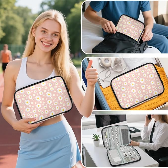 Pink Daisy Flowers Electronics Travel Organizer Case, Tech Accessories Cable Storage Bag for Cords, Charger, Phone, Hard Drive
