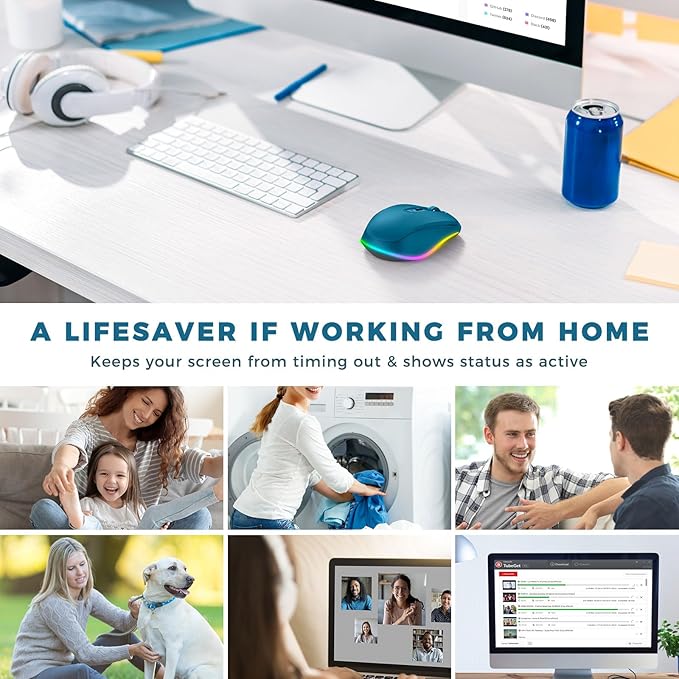 PEIOUS Wireless Mouse Jiggler - LED Wireless Mice with Build-in Mouse Mover, Rechargeable Moving Mouse for Laptop with Undetectable Random Movement Keeps Computers Awake - Dark Blue