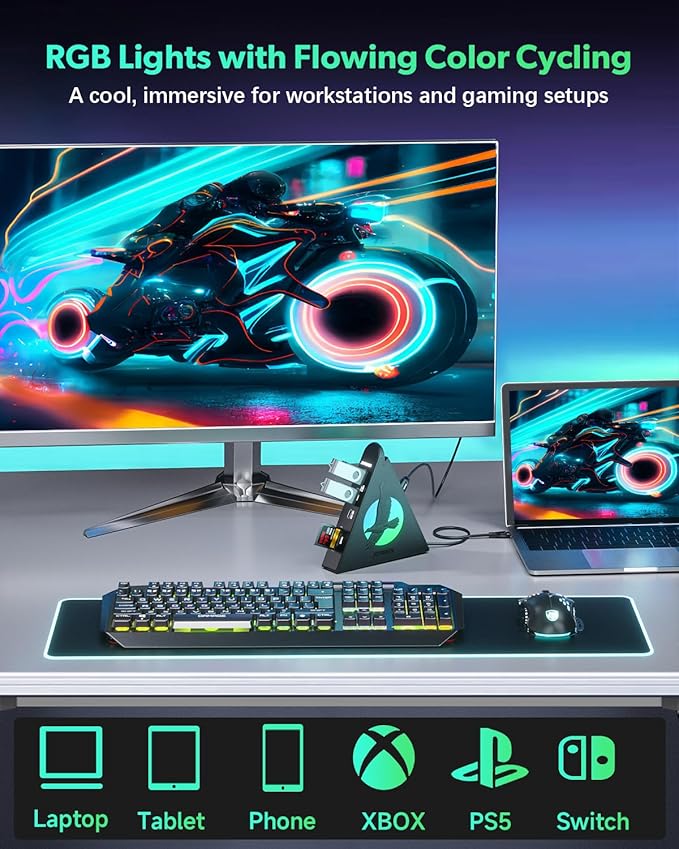 Vertical USB Hub Tower, 8-in-1 USBC Hub with HDMI 4K@30Hz, 100W PD, 5Gbps USB-C & 3xUSB-A, SD&TF Slots, RGB Gaming Hub Compatible with MacBook, iPad, iPhone16, XPS, Surface & Type-C Laptops.