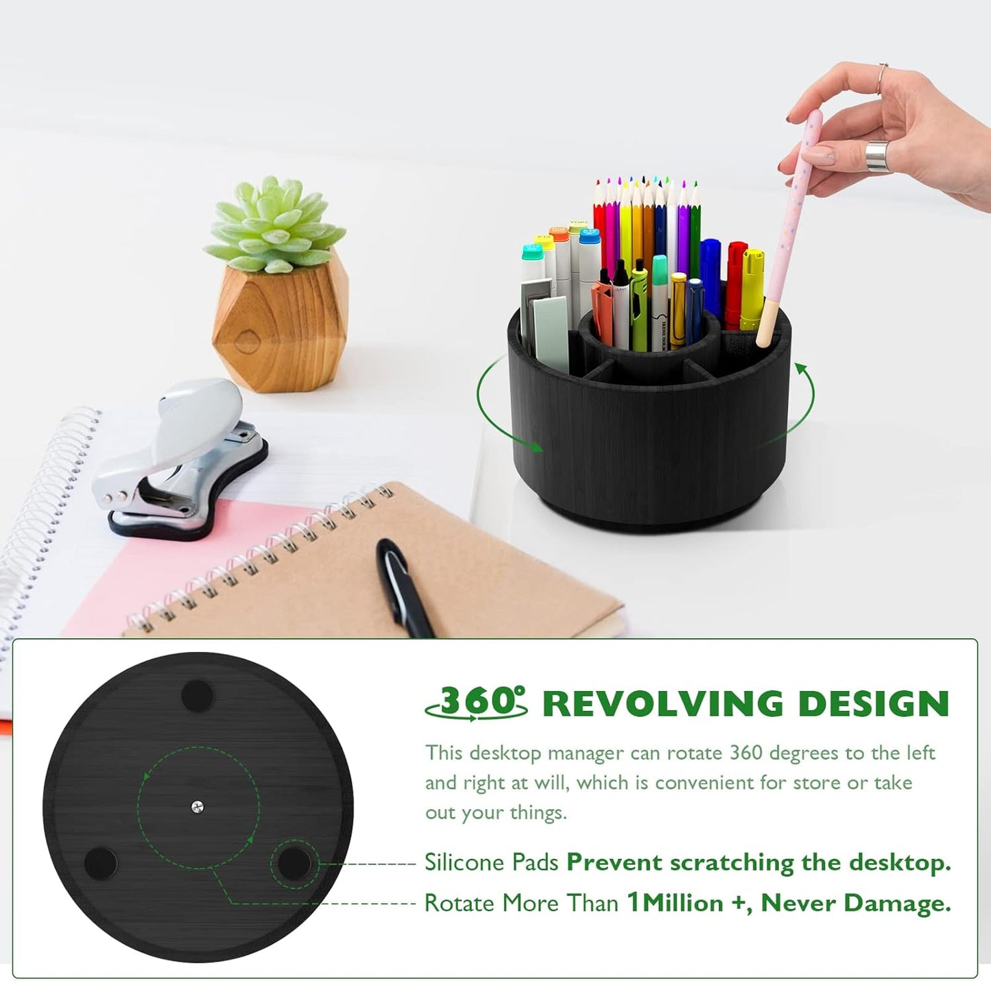 Bamboo Rotating Pencil Holder for Desk - Pen Holder Desk Organizer with 7 Compartments, Black Office Supplies Desktop Storage Caddy for Colored Pencils, Markers, Crayon, Comestics and Cutlery