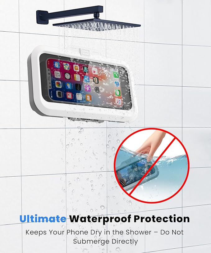 URROY Shower Phone Holder Waterproof One-Touch Open Shower Phone Case Anti-Fog & Sensitive Touchscreen Bathroom Wall Phone Mount Stand Universal Fit for iPhone & Smartphones Gift for Men Women White