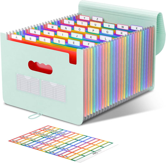 ABC life 26 Pockets Accordian File Organizer Expanding File Folders, Portable Letter A4 Size Filing Box,Plastic Monthly Receipt Document Organizer with Colored Tabs (Sage Green)