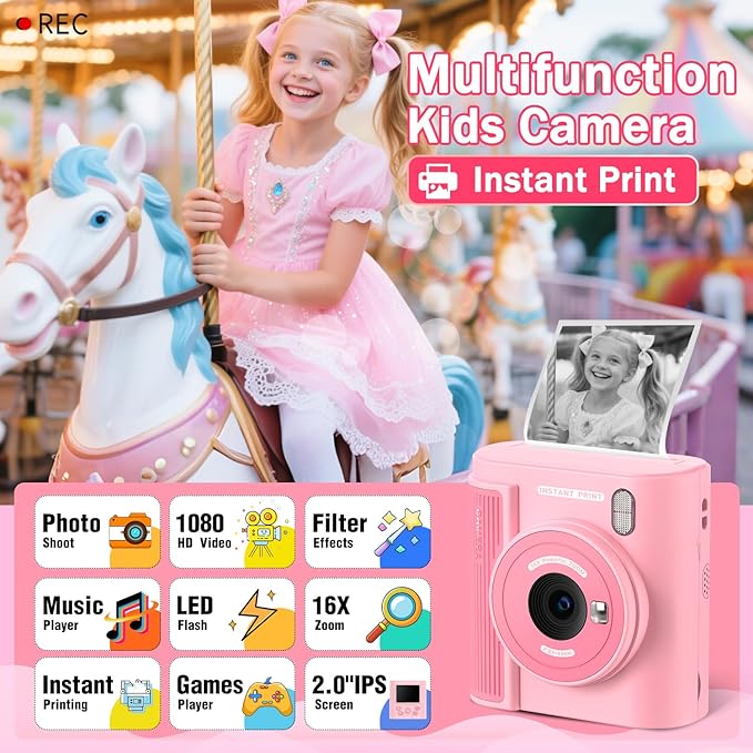 Zicor Kids Camera Instant Print for 3-12 Year Olds, HD Digital Instant Print Camera for Boys & Girls, Ideal Christmas Birthday Gift with 32GB SD Card, Easy to Use - Pink