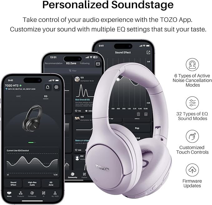TOZO HT2 Hybrid Active Noise Cancelling Headphones, Wireless Over Ear Bluetooth Headset, 60H Playtime, Hi-Res Audio Custom EQ via App Deep Bass Comfort Fit Ear Cups, for Home Office Travel Purple