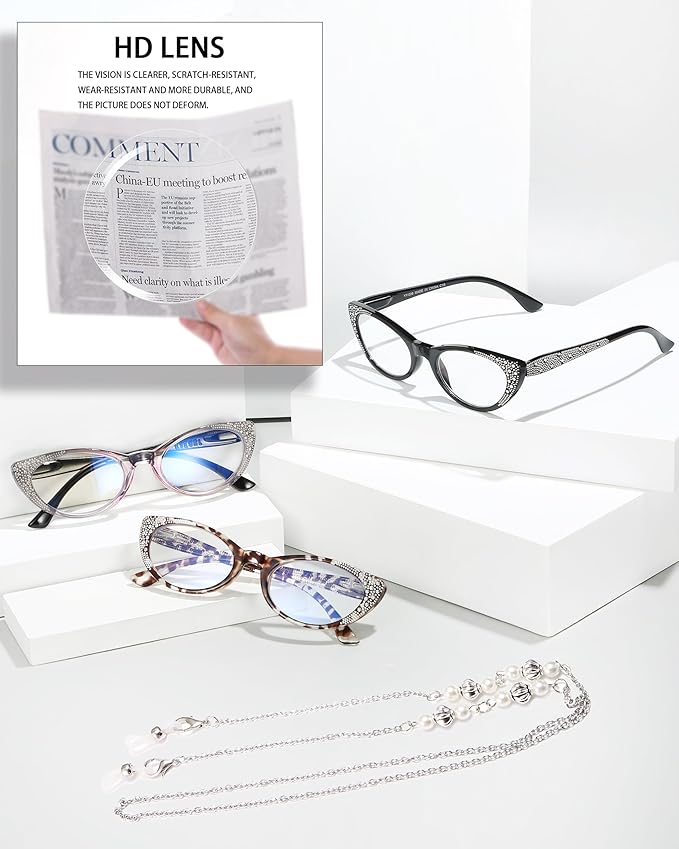 EYEURL 3-Pack Cat Eye Reading Glasses for Women Blue Light Glasses Fashion Computer Readers with Spring Hinge Anti-Glare Readers for Women 0.0