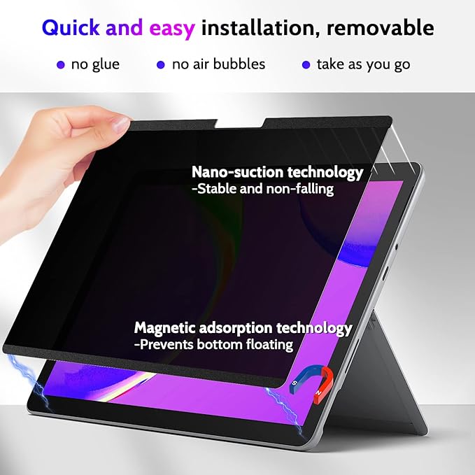 Magnetic Privacy Screen for Surface Pro 11/10/9/8/X 13 Inch, Removable Anti Blue Light Glare Filter, Black Security Private Apy Block Protector