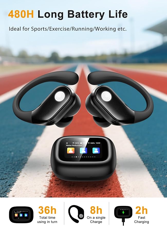 Wireless Earbuds, ENC Noise Cancelling Sport Ear Buds with Multifunctional Touch Screen, Bluetooth 5.4 Headphones, Bass Stereo Sound, 5 EQ Over-Ear Earbuds for Sports/Workout/Gym-Black