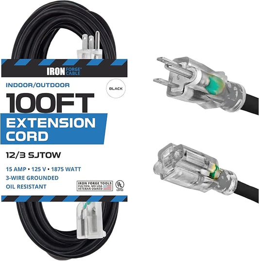 Iron Forge Cable 12 Gauge Outdoor Extension Cord 100 Ft, SJTOW 12/3 Heavy Duty Extension Cord 3 Prong, Oil Resistant & Flame Retardant - Lighted End