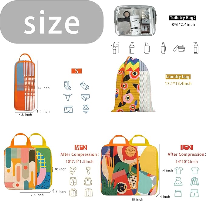 8 Pcs Compression Packing Cubes Travel for Suitcases, Waterproof Luggage Organizer Washable Storage Bags Set for Backpack Travel- Packaging Cubes for Carry-Ons and Storage