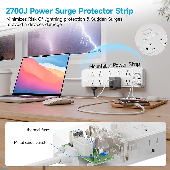 Power Strip Surge Protector Flat Plug with 20 AC Outlets 6 USB Chagring Ports, 1875W/15A, 2700J, 15 Ft Heavy Duty Extension Cord for Home, Office, Dorm, Gaming,ETL Listed (White, 15Feet)