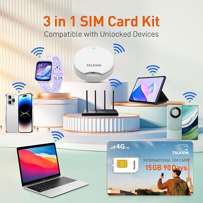 International Data SIM Card 15GB 90 Days, 4G LTE Travel SIM Card Supported 45 Countries USA/UK/Europe/Asia/Africa, Perfect for Europe Travel, Business Trip and Study Abroad, No Contract