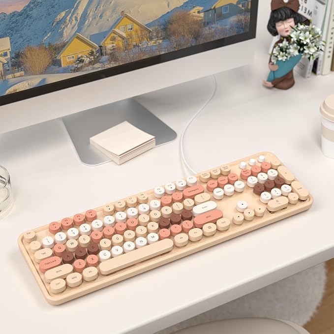 Colorful Computer Keyboards Wired, USB Plug and Play Full Size Typewriter Keyboard, Cute Aesthetic Keyboard with Foldable Stands for Windows PC Laptop (Milk Tea)