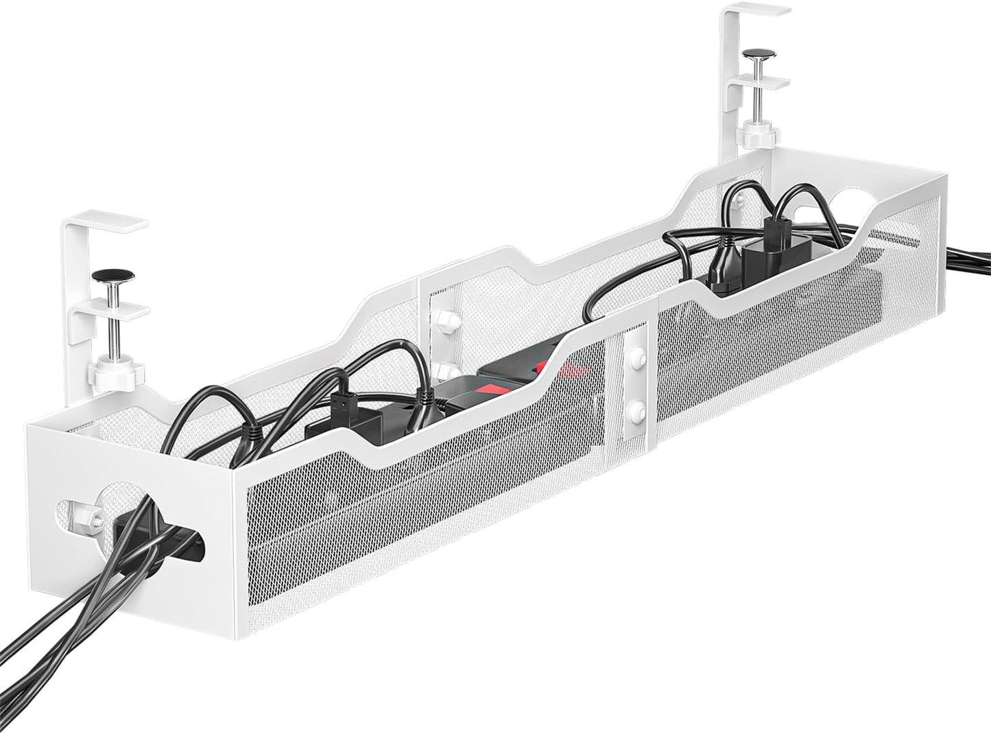 Under Desk Cable Management Tray White, Litwaro Cable Management Under Desk No Drill, 25'' Cable Tray with Clamp for Wire Management, Cord Organizer for Office, Home - No Damage to Table