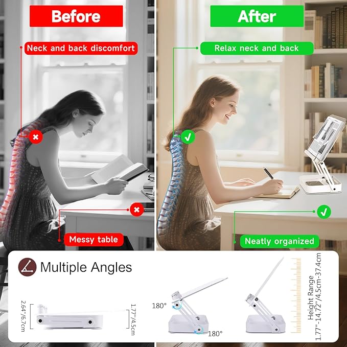ASIEIT Book Stand for Reading, Adjustable Book Holder with 360° Rotating Bases & Elastic Page Clips, Foldable Desktop Riser with Storage, Display Stand for Bible, Laptop, Recipe, Textbook
