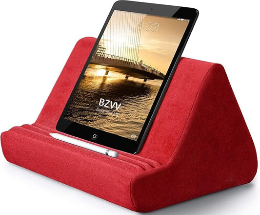 Soft Tablet Stand Pillow with Pocket,Adjustable 3 Viewing Angle,Lazy Holder for Bed Sofa,Compatible with iPads Tablets eReaders Smartphones Books Magazines (Wine Red)