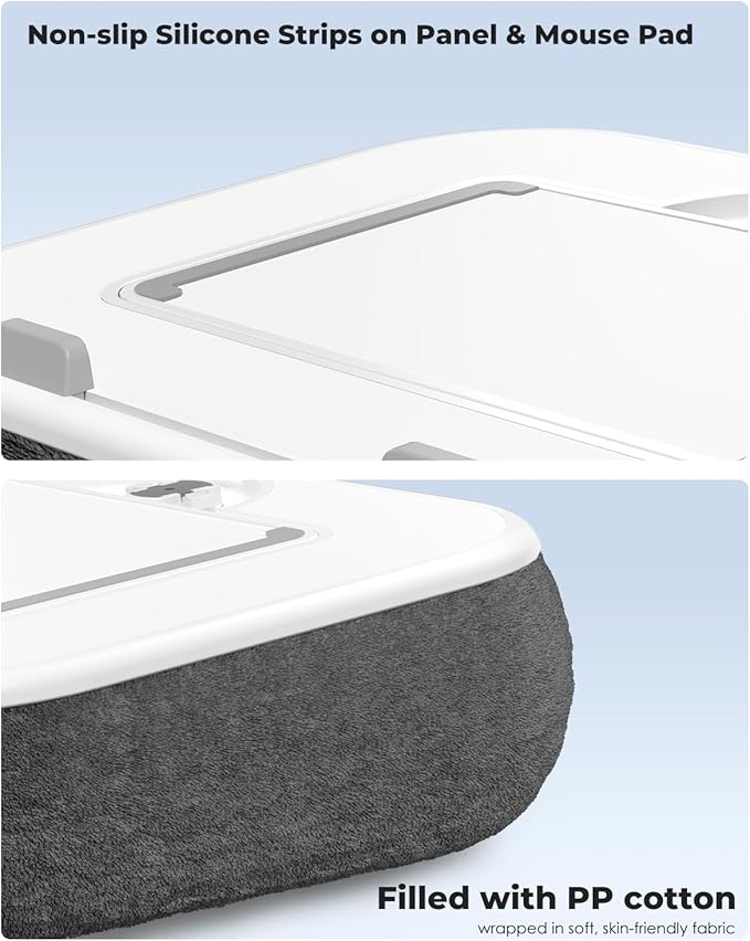 Viozon Kindle Pillow Stand Holder, Phone Holder for Bed, Laptop Lap Desk with Mouse Pad,Compatible with 4.7-13" Kindle/Tablet/Phone,10-15" Laptop, Snack Bowl&Cup Attachment&Detachable 360°Stand Arm