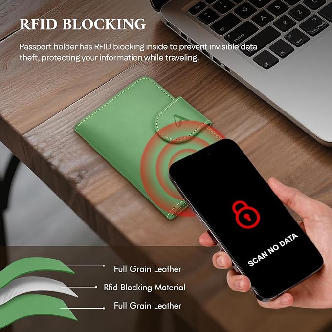 ALLIVE Rfid Passport Holder for Travel, Women, Rfid Passport Cover Wallet, Genuine Leather Passport Holder for Travel with AirTag Hidden, Airport Essentials, Travel Gifts (Avocado Green)