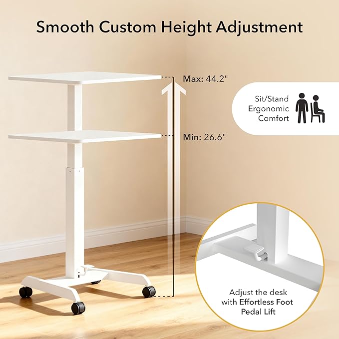 Mount-It! Adjustable Rolling Laptop Desk, Mobile Standing Desk with Wheels, Small Sit-Stand Computer Cart for Home, Office, or Classroom, 29.6–44.2" Height, 23.6"x20.5" Desktop, White