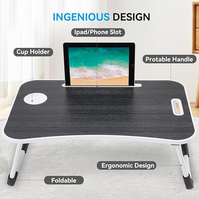 BUYIFY Folding Lap Desk, 23 Inch Portable Wood Black Laptop Bed Desk Lap Desk with Cup Holder, for Working Reading Writing, Eating, Watching Movies for Bed Sofa Couch Floor