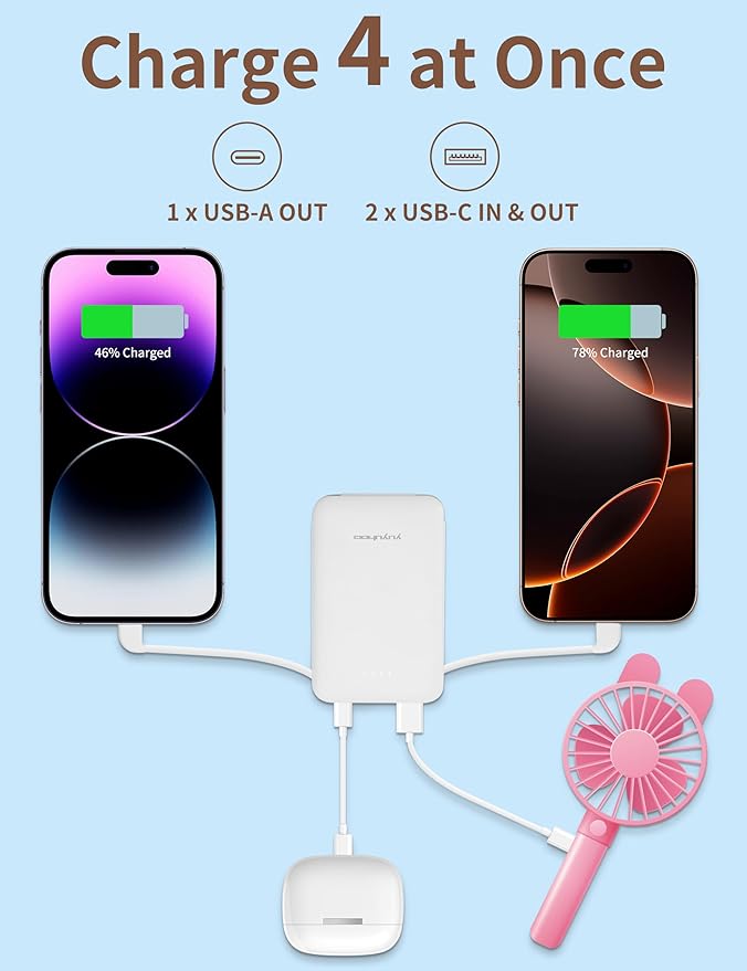 Power Bank, Slimmest 5000mAh Portable Charger with Built in USB-C Cables, USB C in&Out Charging Battery Pack, External Phone Powerbank Compatible with iPhone, Android, White