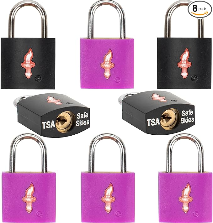 8 Pack TSA Approved Lock,Luggage Lock for Suitcases, Gun Cases & Travel Bags - Solid Brass Security Lock with Colored Shell (8 Colors: Black/Juice)