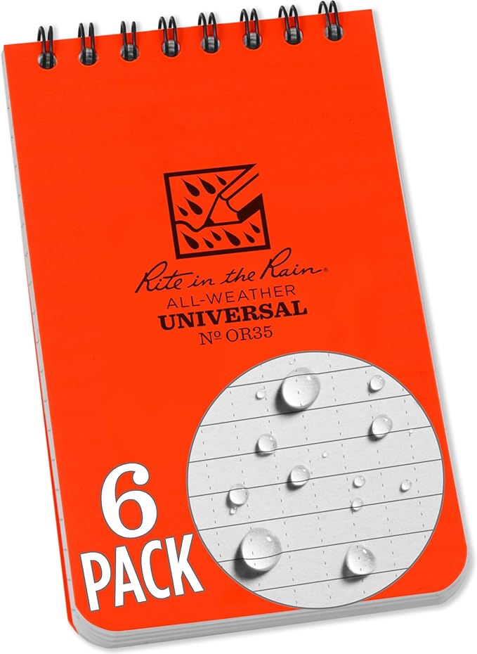 Rite in the Rain Weatherproof Top Spiral Notebook, 3" x 5", Orange Cover, Universal Pattern, 6 Pack (No. OR35L6)