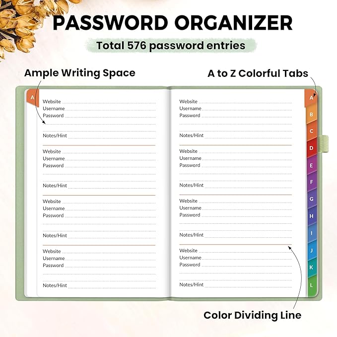 SUNEE Password Book with Colorful Alphabetical Tabs, Password Books for Seniors, Password Keeper Book for Computer and Internet Address Website Login, 5.3''x 7.7''- Sage Green